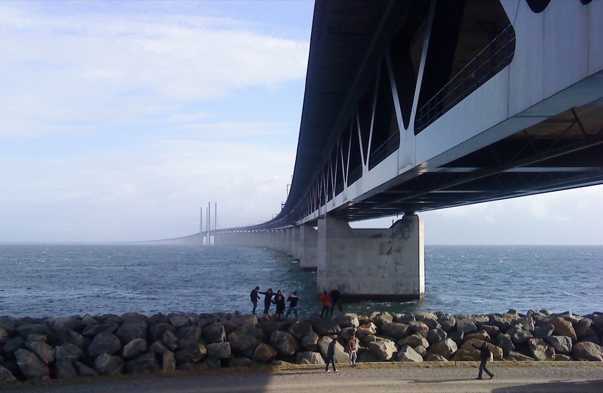 The Öresund Bridge crossing open salt water between Denmark and Sweden